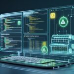 슬롯 솔루션의 API 충돌 예외처리를 보여주는 디지털 대시보드와 슬롯 머신 3D 모델이 있는 장면