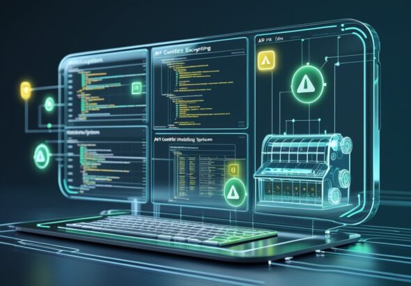 슬롯 솔루션의 API 충돌 예외처리를 보여주는 디지털 대시보드와 슬롯 머신 3D 모델이 있는 장면