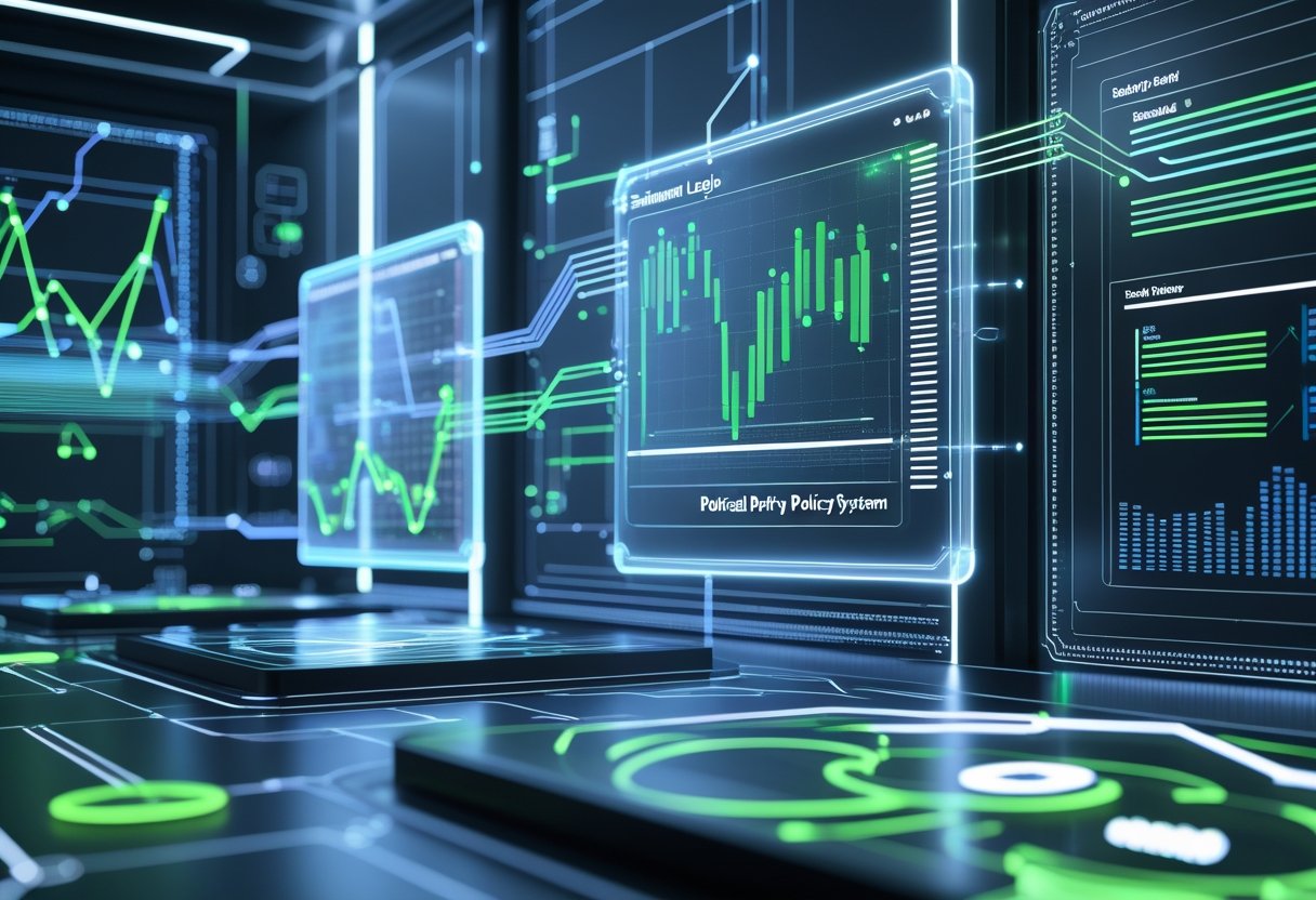 금융 정산과 정책 데이터 관리를 나타내는 고급 디지털 인터페이스가 있는 첨단 시스템 장면