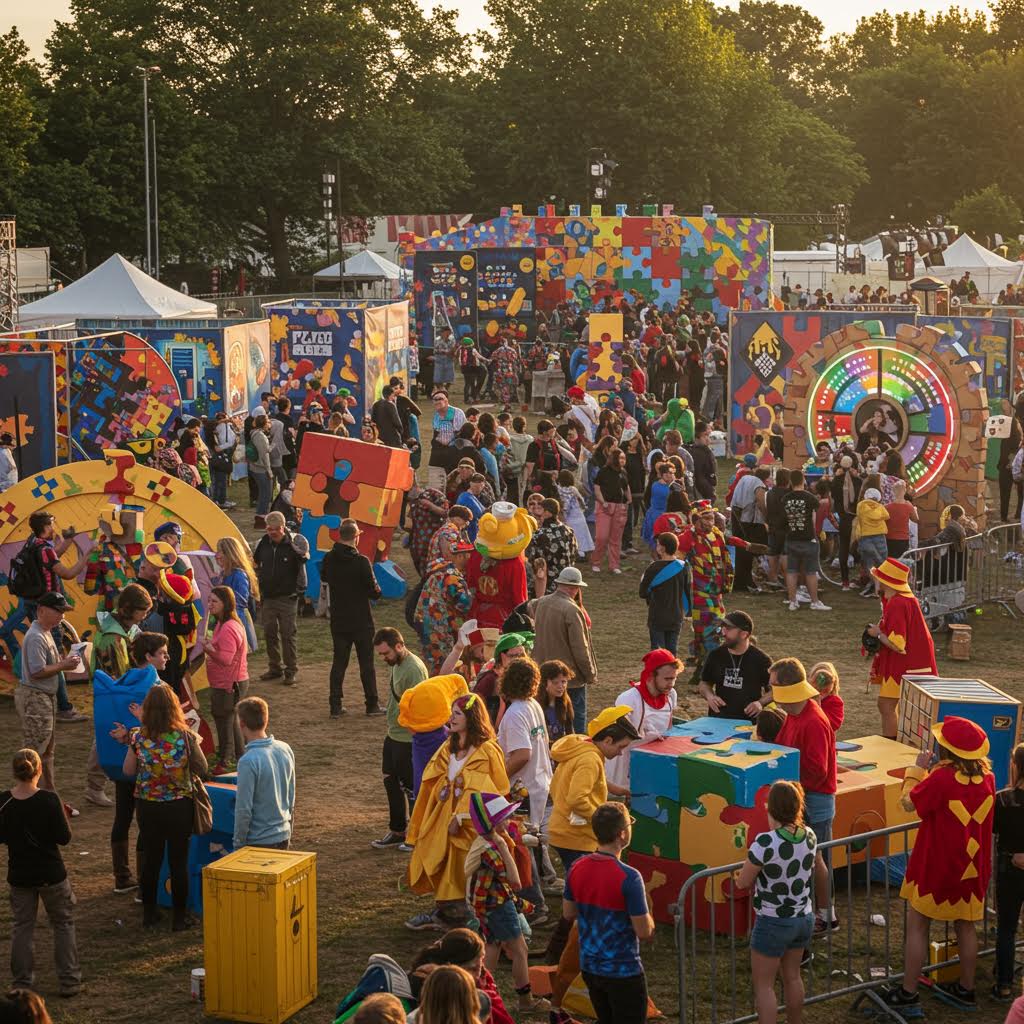 축제 분위기 속에서 공연자와 참가자들이 커다란 퍼즐 조각을 들고 참여하는 다채로운 현장