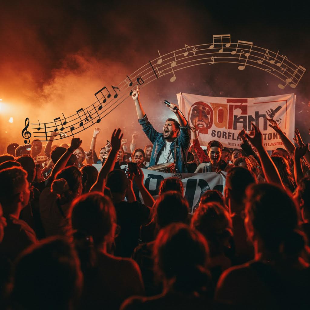 붉은 조명 아래 손을 든 무리의 환호 속에서 온카스터디의 열정이 리듬처럼 퍼져가는 흐름