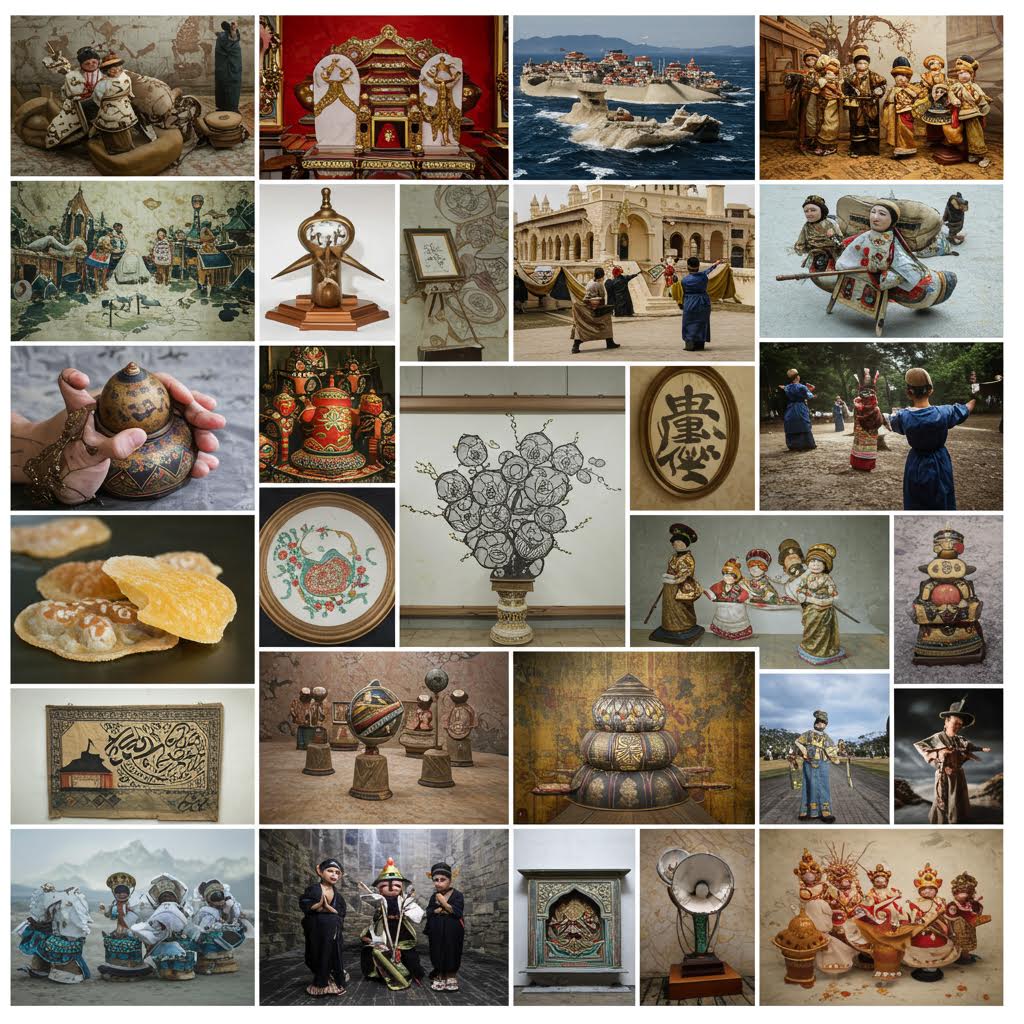 전통 공예품과 민속 인형이 어우러진 문화 예술 전시 이미지, 고대 문양과 장식이 세밀하게 표현된 작품