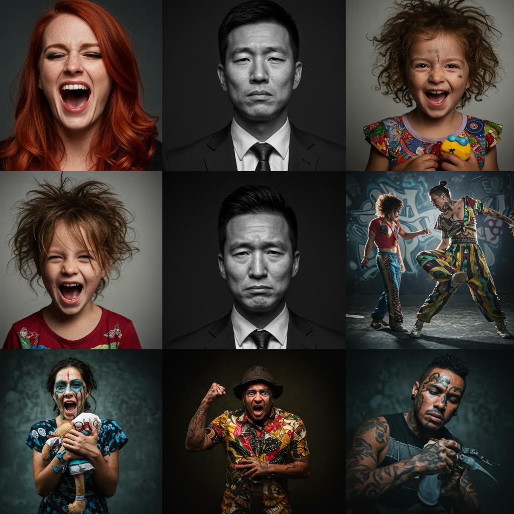 다양한 인종과 나이의 인물이 감정을 표현하는 초상화 모음, 웃음과 분노, 놀라움 등 인간 감정의 스펙트럼을 담은 사진
