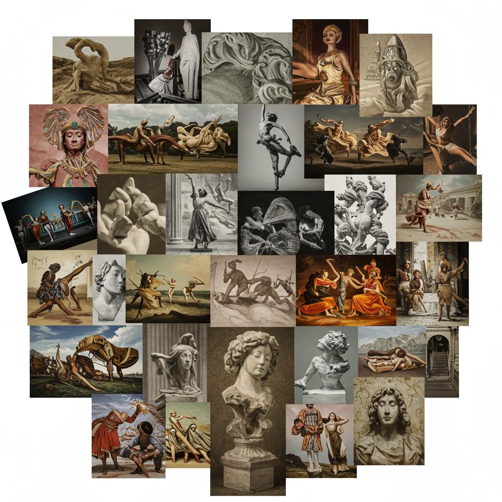 고전 조각상과 무용 장면이 조화를 이루는 예술 콜라주 이미지, 인간의 움직임과 감정이 시각적으로 표현된 예술적 구성
