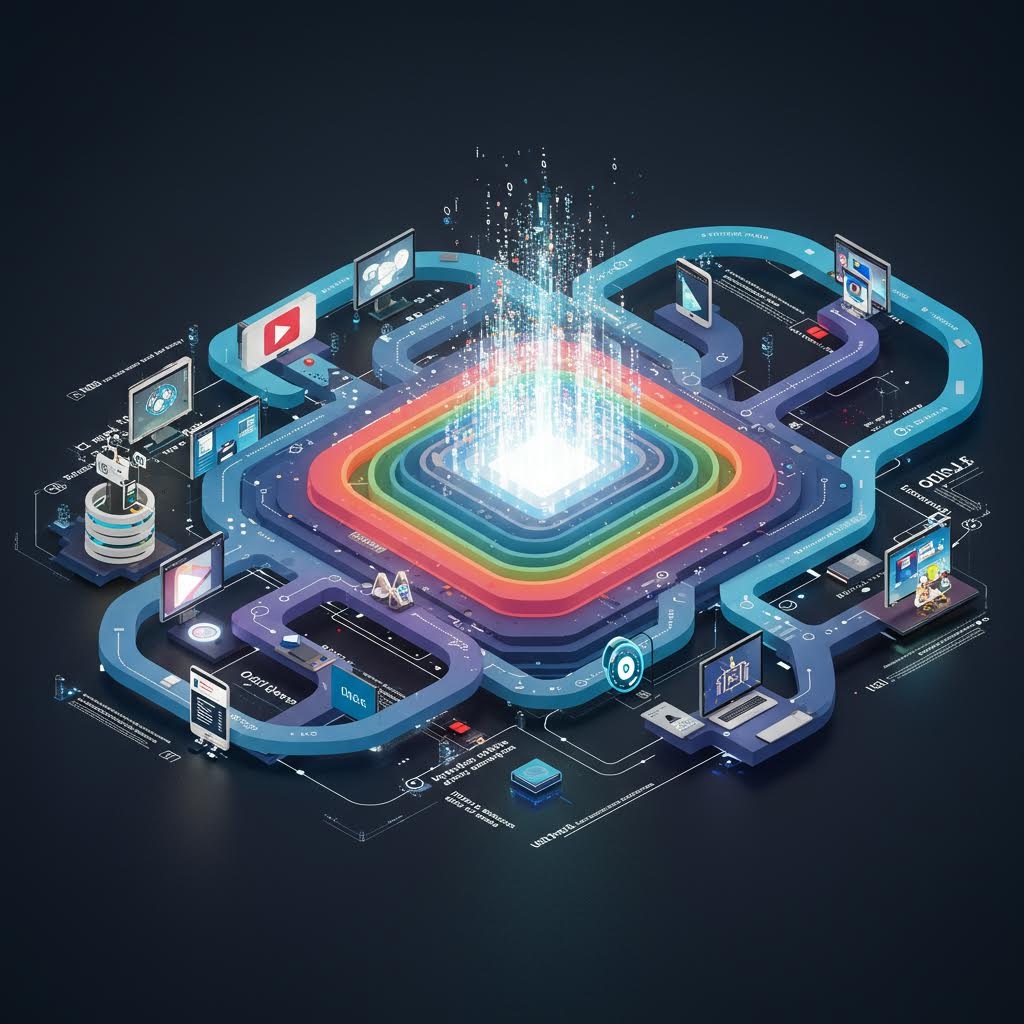 온카스터디 통합 플랫폼 - AI 기반 학습 관리 시스템과 다양한 디지털 도구가 연결된 3D 아이소메트릭 인프라