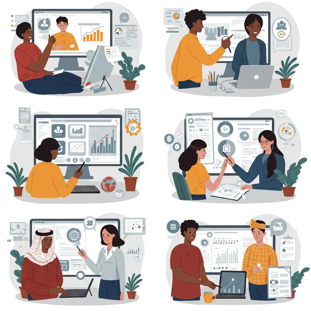 온카스터디 온라인 멘토링 - 화상회의와 데이터 분석을 통한 원격 교육 및 1:1 코칭 세션 장면들