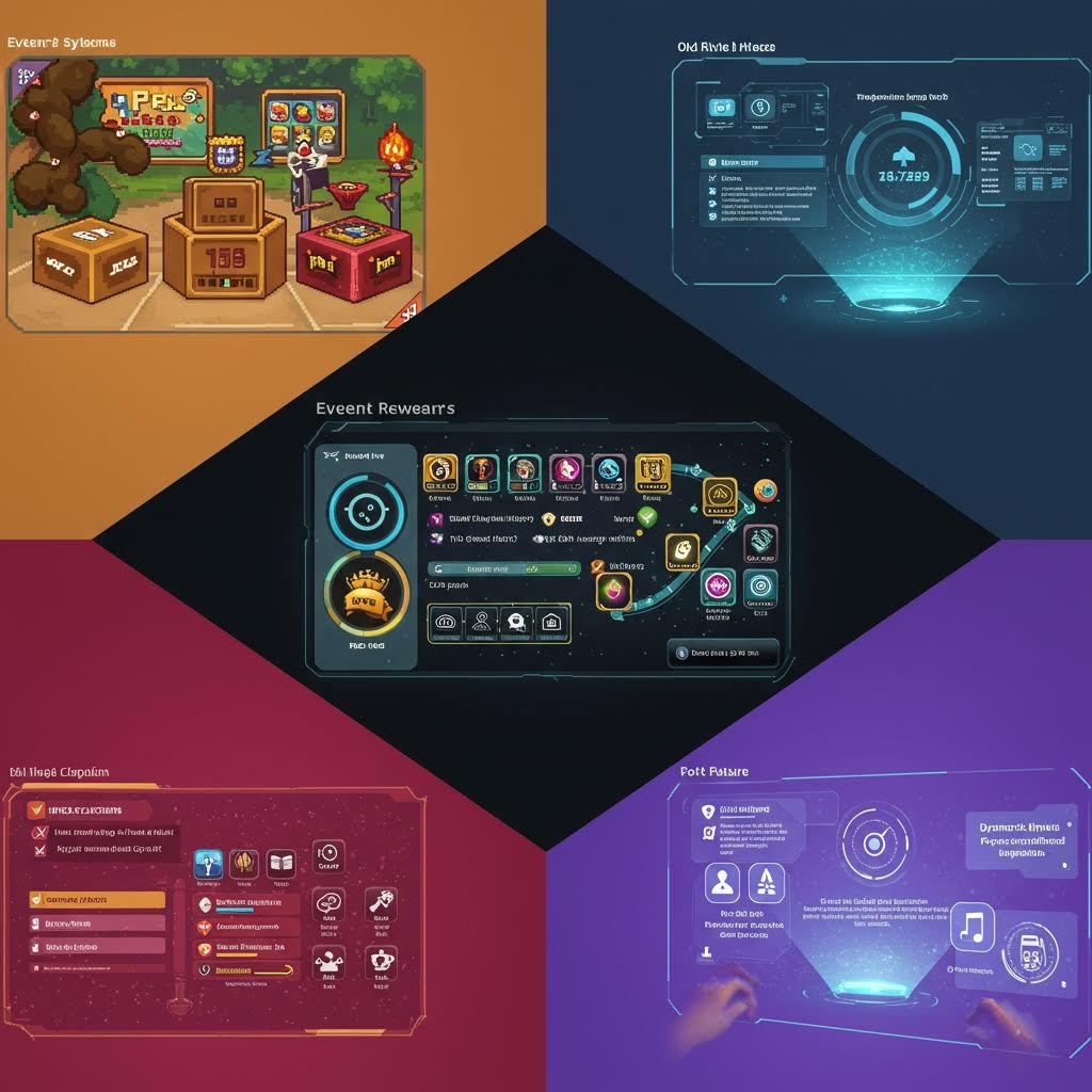 다양한 게임 이벤트 UI와 보상 시스템을 분할 화면으로 보여주는 게임 인터페이스 디자인 모음