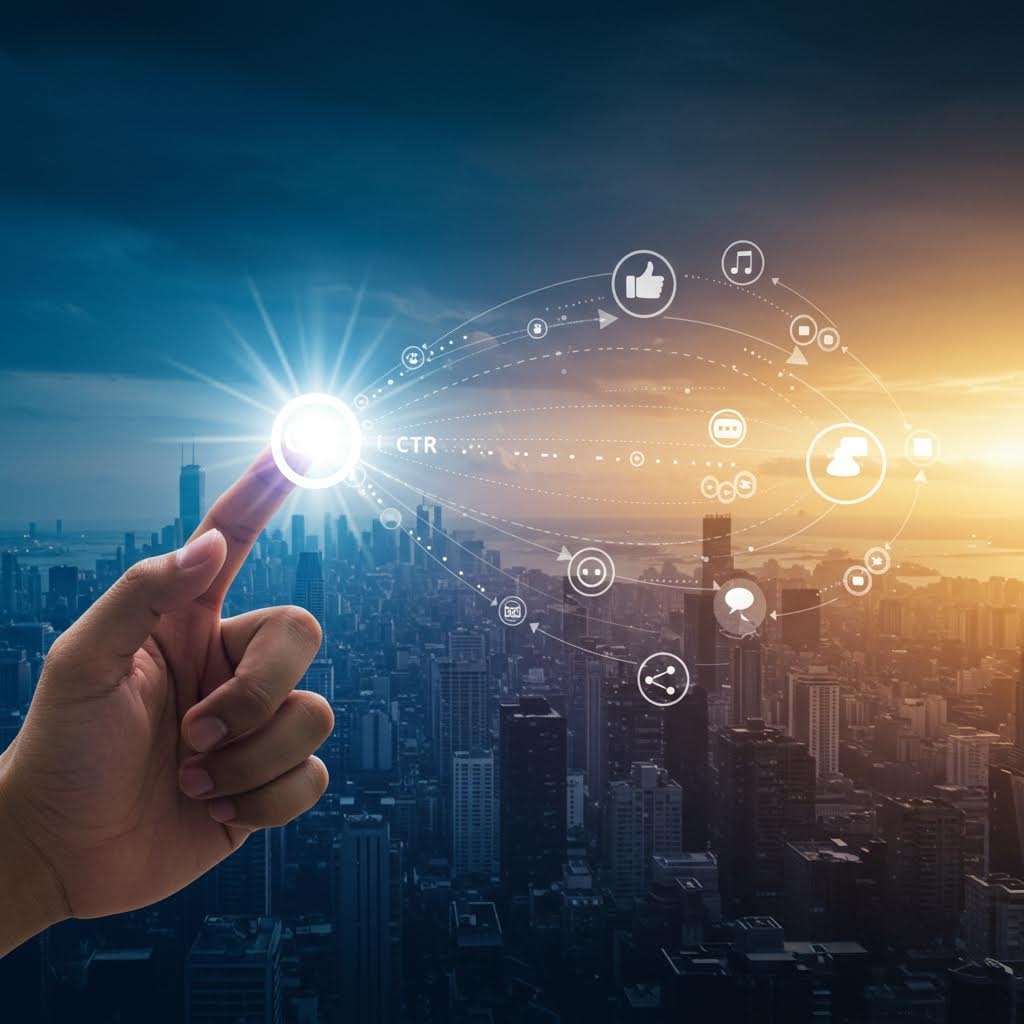도시 전경 위로 CTR, 좋아요, 댓글 등 디지털 마케팅 지표가 손가락 터치로 확산되는 모습