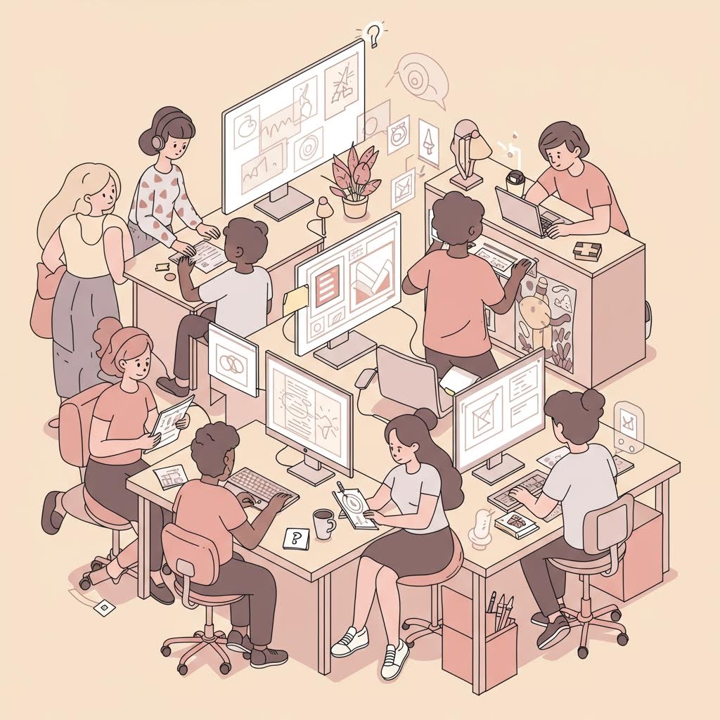 온카스터디 학습 환경 - 함께 프로젝트를 진행하며 협력하는 다양한 학생들의 일러스트 워크스페이스