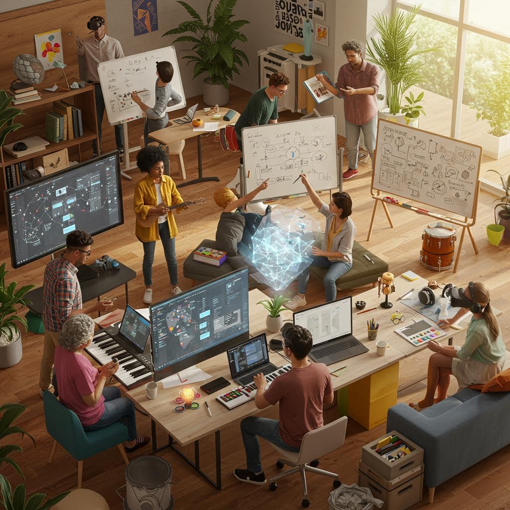 밝은 스튜디오 공간에서 다양한 크리에이티브 전문가들이 디지털 기기, 악기, 화이트보드를 사용하며 3D 홀로그램 모델을 중심으로 협업하는 모습