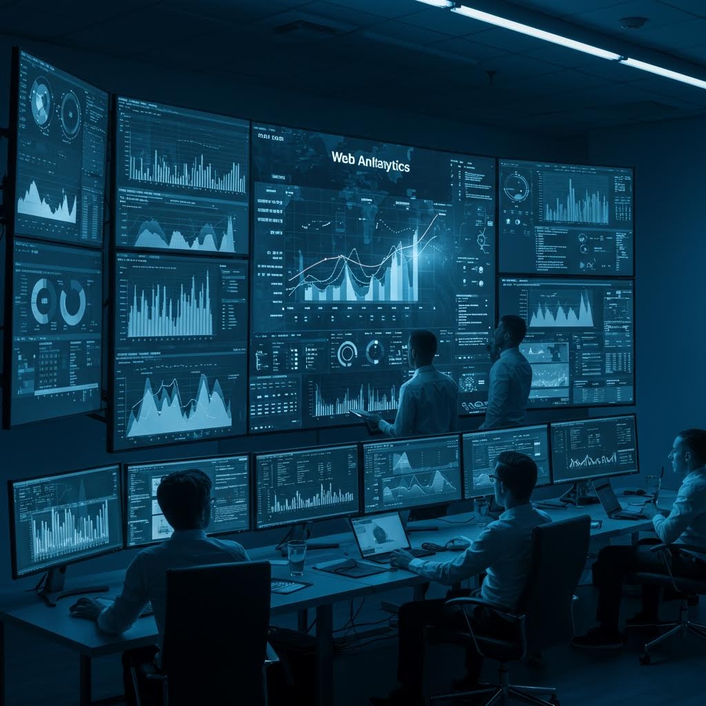 수십 개의 대형 모니터에 웹 분석 데이터와 그래프가 표시된 데이터 분석 센터