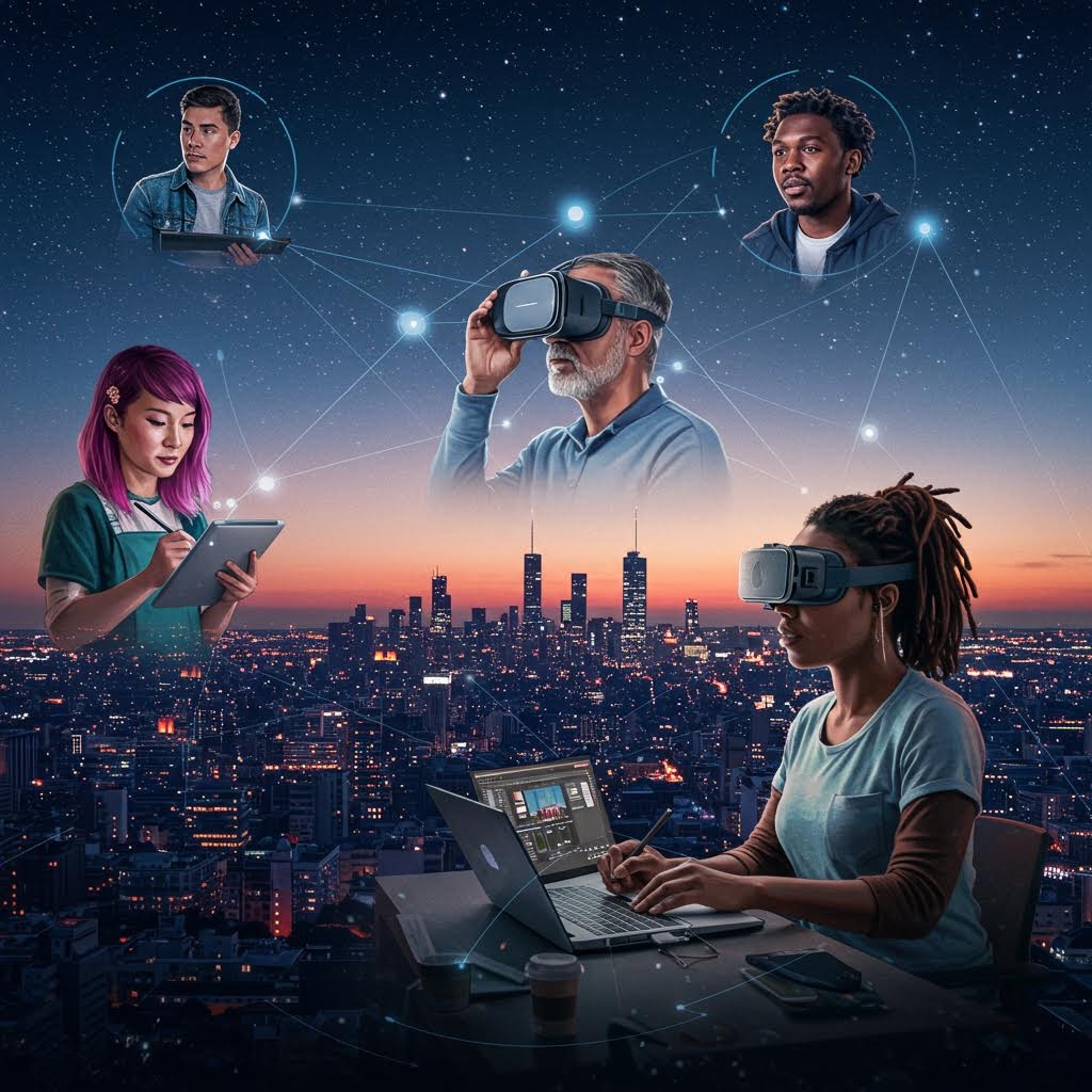 도시의 야경을 배경으로 VR 헤드셋을 착용한 사람들과 노트북을 사용하는 여성이 네트워크 연결선으로 이어진 원격 협업 및 가상 현실 기술을 보여주는 이미지