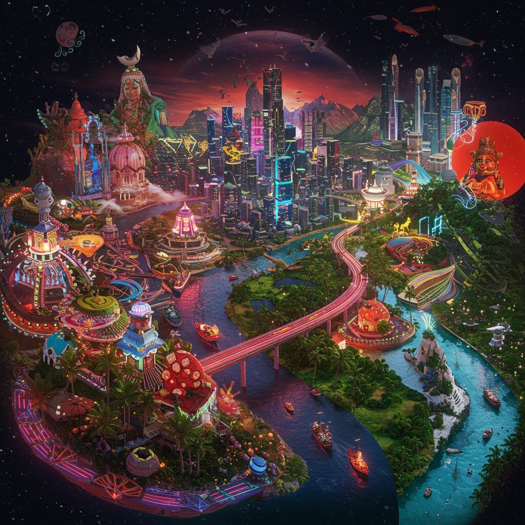 전통 건축물과 미래형 고층 빌딩이 조화를 이루는 환상적인 도시 풍경으로, 네온 조명과 우주 배경이 어우러진 초현실적인 메타버스 세계