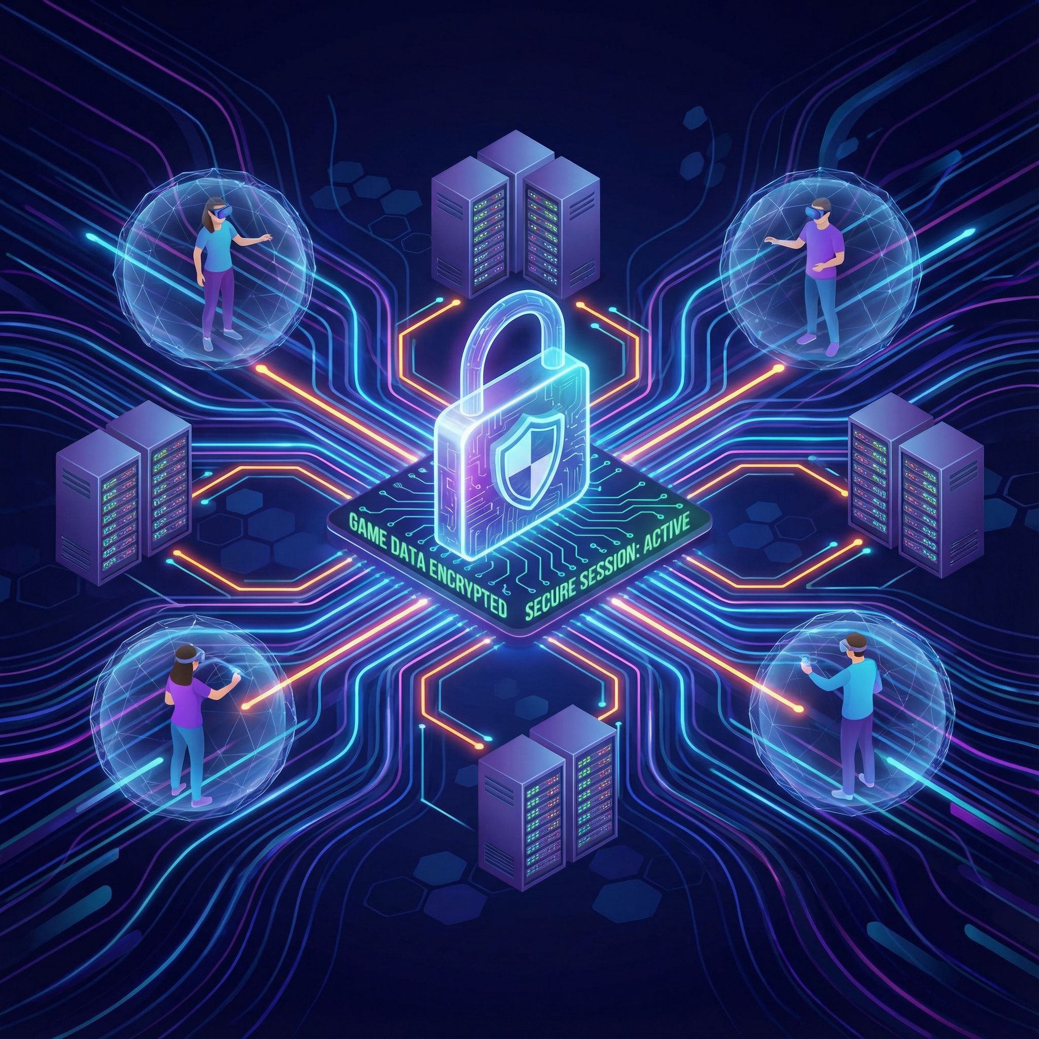 푸른색 선으로 연결된 플레이어와 서버를 디지털 자물쇠가 보호하며, 게임 데이터의 안전한 세션 관리를