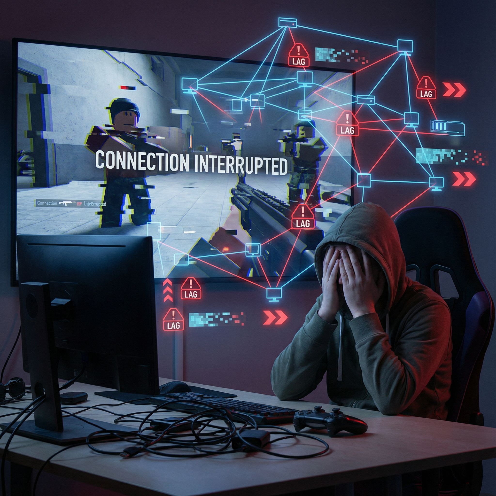 화면이 멈춘 게임 위로 데이터 패킷이 지연되는 복잡한 네트워크 선이 겹쳐 있는 모습이다.