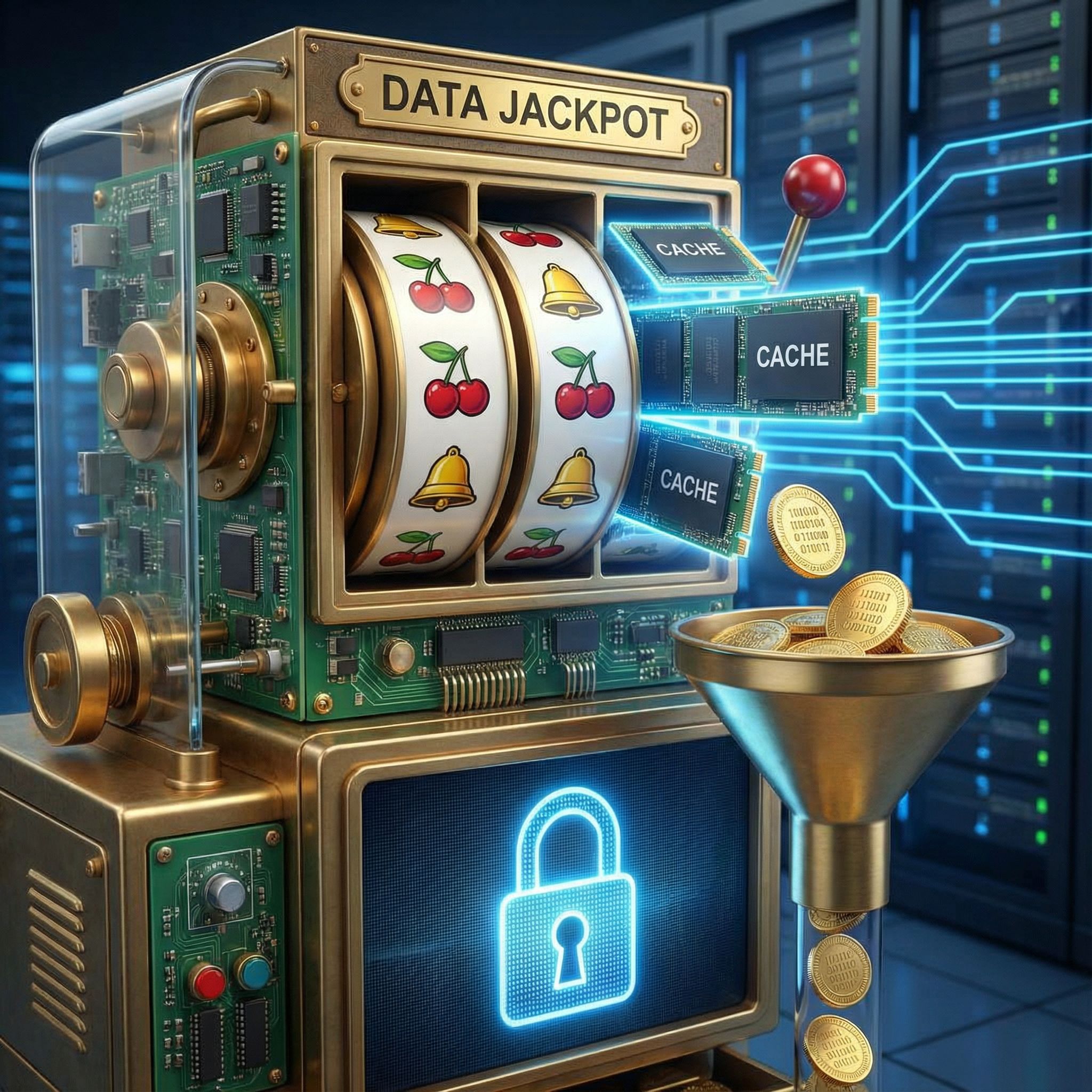 회전하는 슬롯머신 릴이 데이터 저장 장치로 변형되며, 기호들은 캐시 파일로, 동전들은 디지털 금고로 흘러
