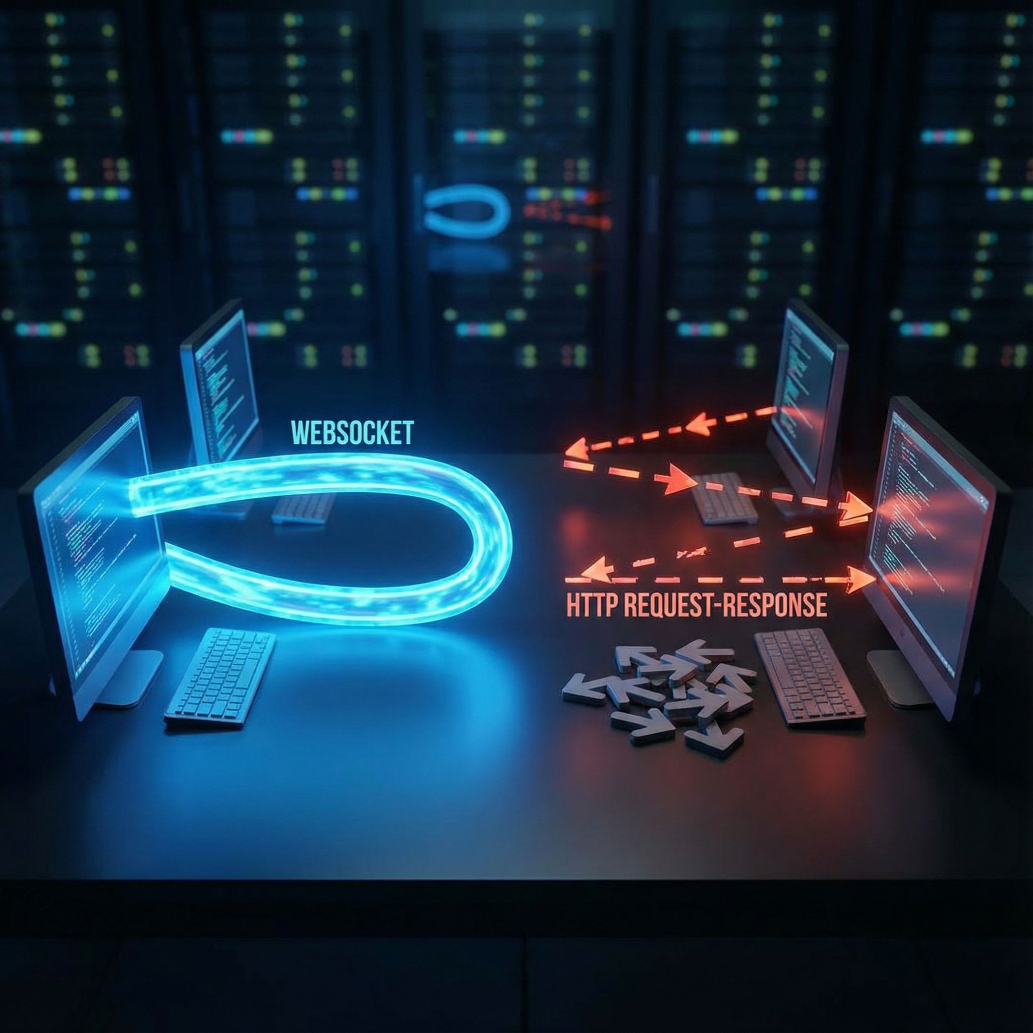 두 대의 컴퓨터가 지속적으로 빛나는 파이프라인으로 연결되고, 그 옆에는 끊어진 요청과 응답 화살표가