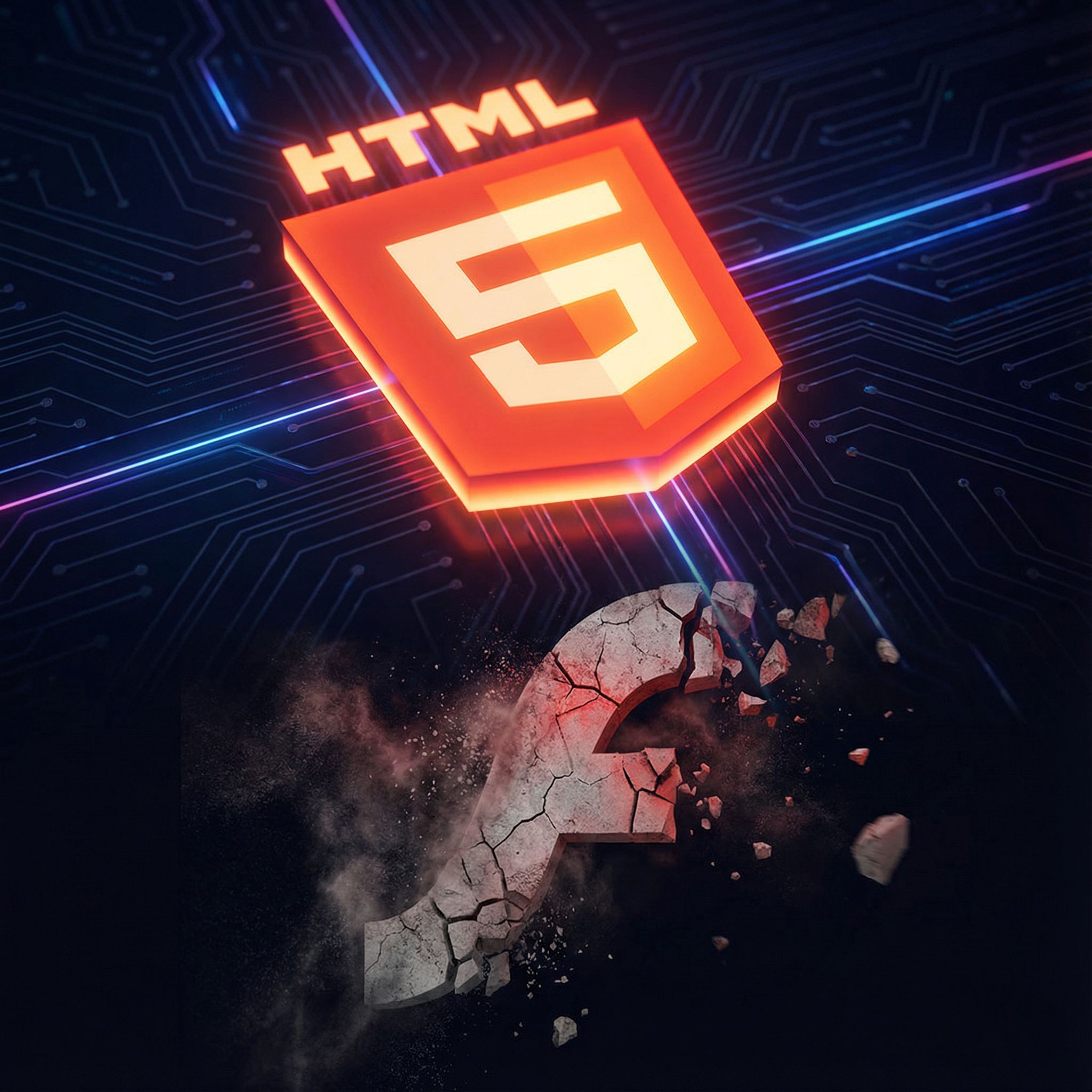 어두운 배경 위에 빛나는 HTML5 로고가 떠오르며, 클래식한 플래시 로고는 갈라지고 희미해져 사라집니다.