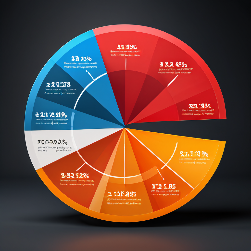 파란색 디지털 화면에 플랫폼 수수료를 나타내는 3D 파이 차트가 있으며, 큰 조각이 대부분을 차지하고 작은