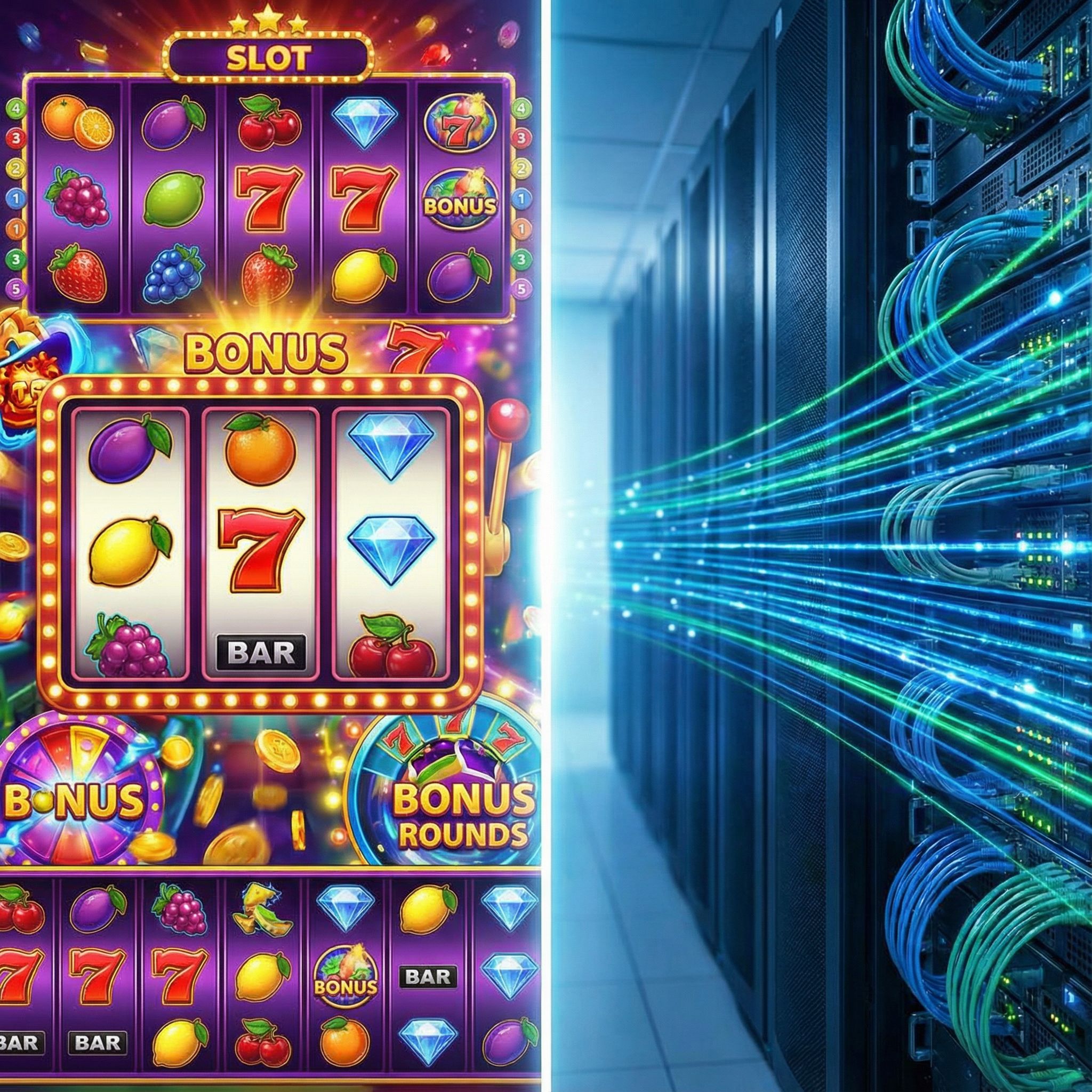 화려한 슬롯머신 그래픽과 데이터가 흐르는 서버실이 선으로 나뉘어 병렬로 배치된 모습이다.