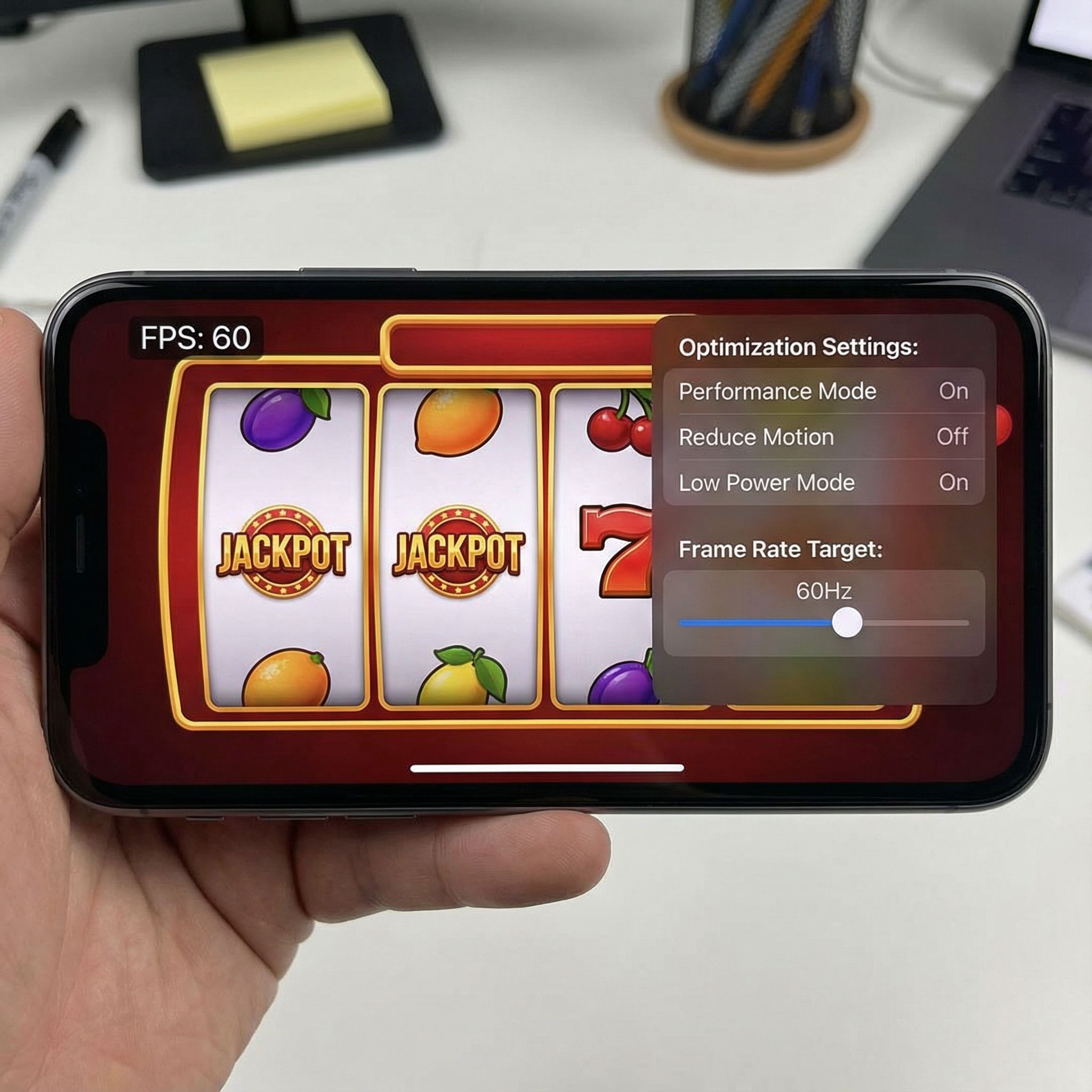 검정색 배경의 휴대폰 화면에 부드럽게 작동하는 슬롯머신 애니메이션이 재생되고 있으며, 화면 옆에는 FPS