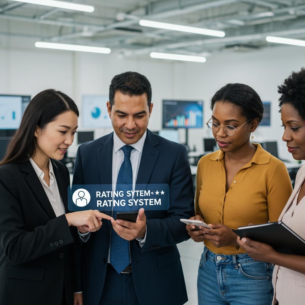 사무실에서 정장 입은 남성이 스마트폰으로 카지노·베팅 사이트 평가 시스템(RATING SYSTEM ★★★)을 확인하고, 옆에 있는 동료들이 함께 보고 있는 장면