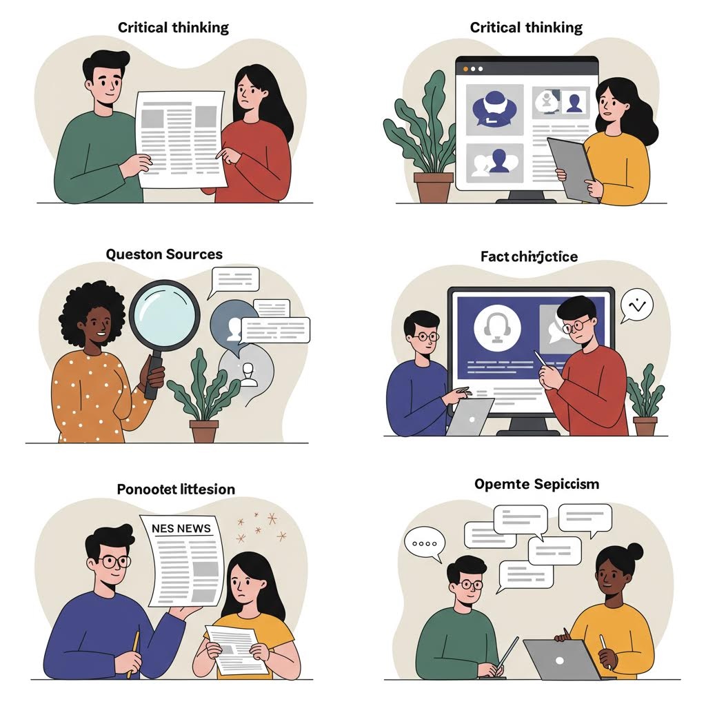 비판적 사고(Critical thinking), 출처 확인, 팩트 체크, 증거 촉구, 회의적 태도, 열린 마음 등 6가지 합리적 사고 방식을 귀여운 캐릭터로 표현한 교육용 인포그래픽