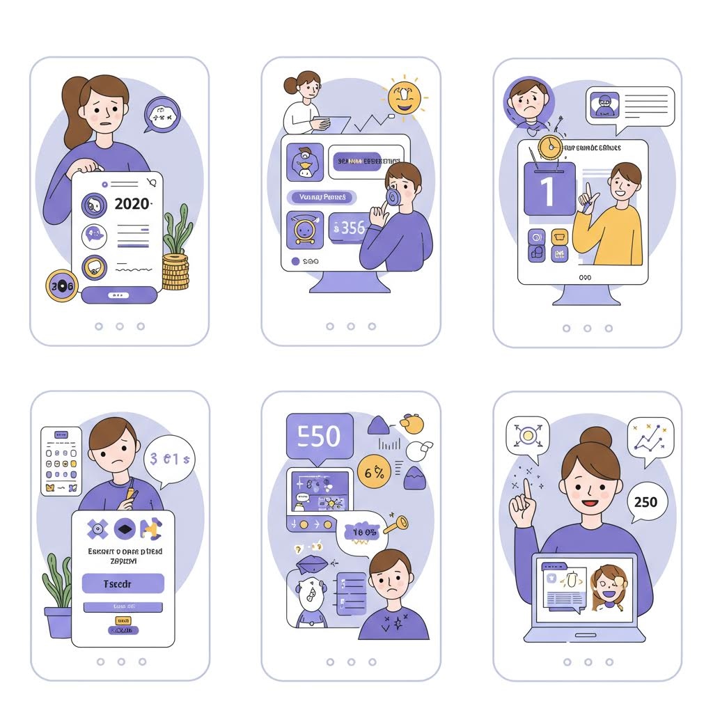 온라인 카지노·베팅 사이트 이용 과정에서 나타나는 감정 변화를 6단계 일러스트로 표현 – 기대, 입금, 첫 승리, 손실, 한도 충돌, 고객센터 문의까지의 사용자 여정