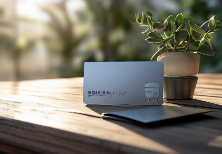 Payment card, envelope, and blank review card on brushed metal surface for billing verification.