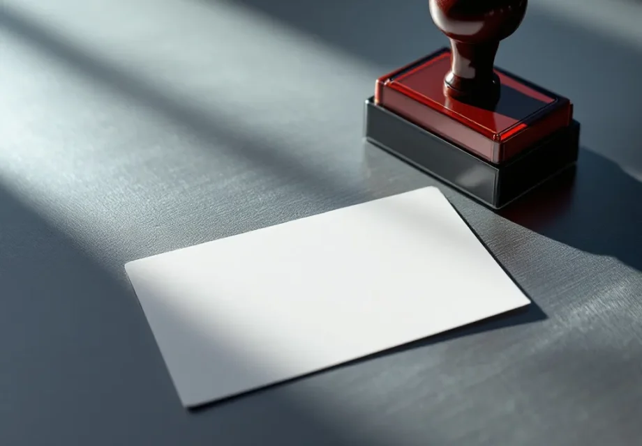 Blank approval stamp and authorization cards on brushed metal desk, morning light, shallow depth of field.