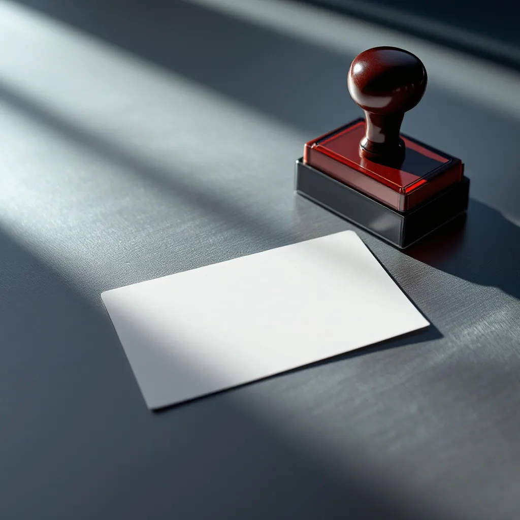 Blank approval stamp and authorization cards on brushed metal desk, morning light, shallow depth of field.