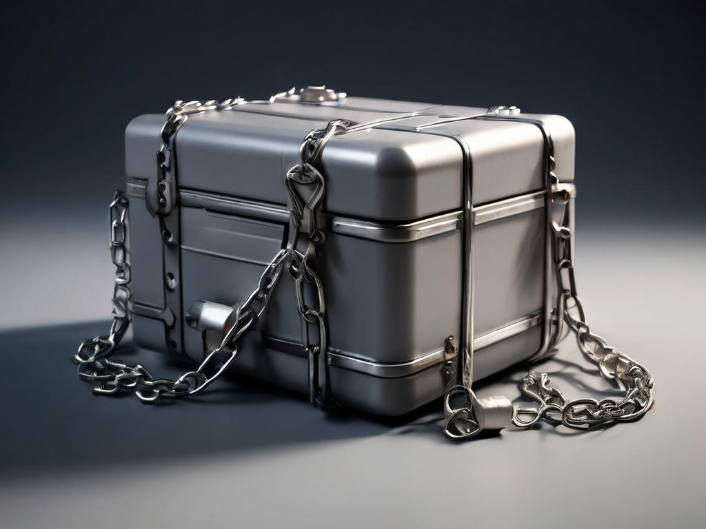 Small storage case with a short metal chain and separate blank blocks on a matte gray studio surface, representing connected file...