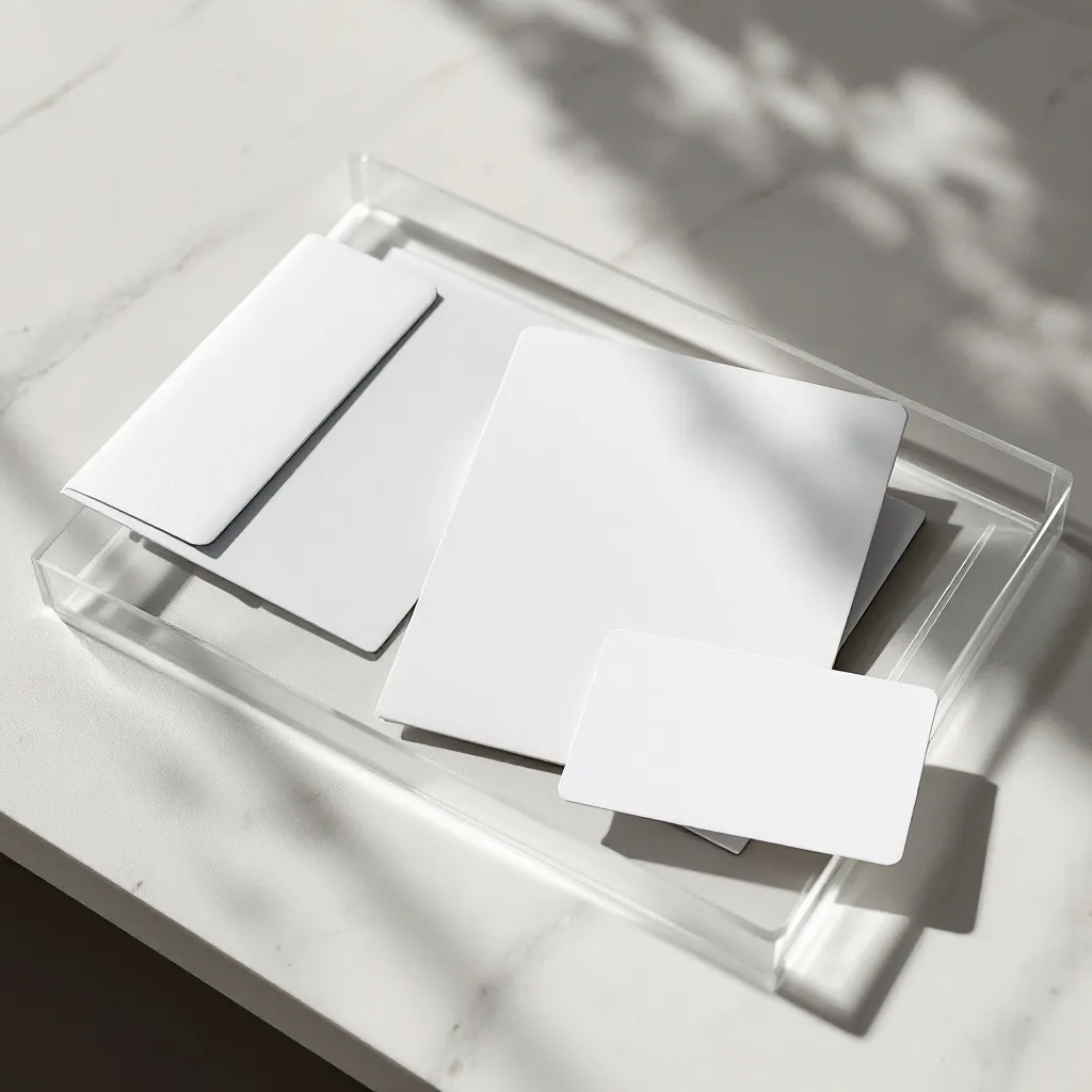 Payment card, envelope, and review card arranged on a stone counter for billing verification.