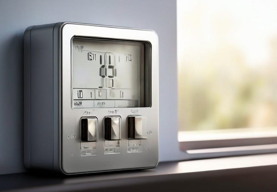 Smart thermostat with blank schedule card and storage tray on brushed metal surface.