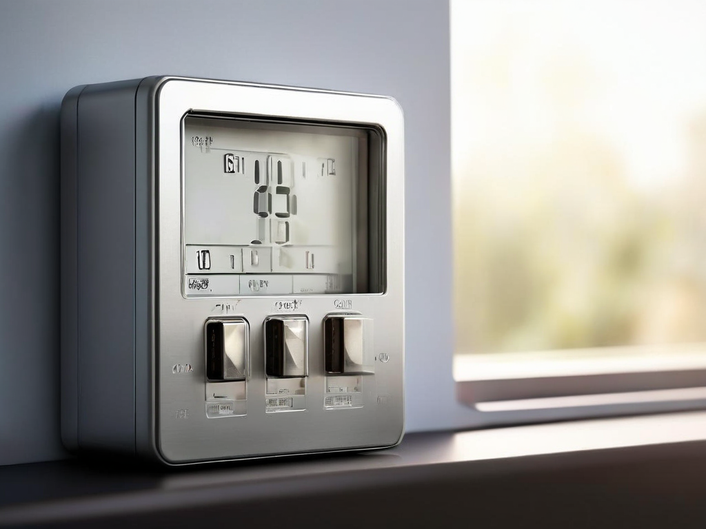 Smart thermostat with blank schedule card and storage tray on brushed metal surface.