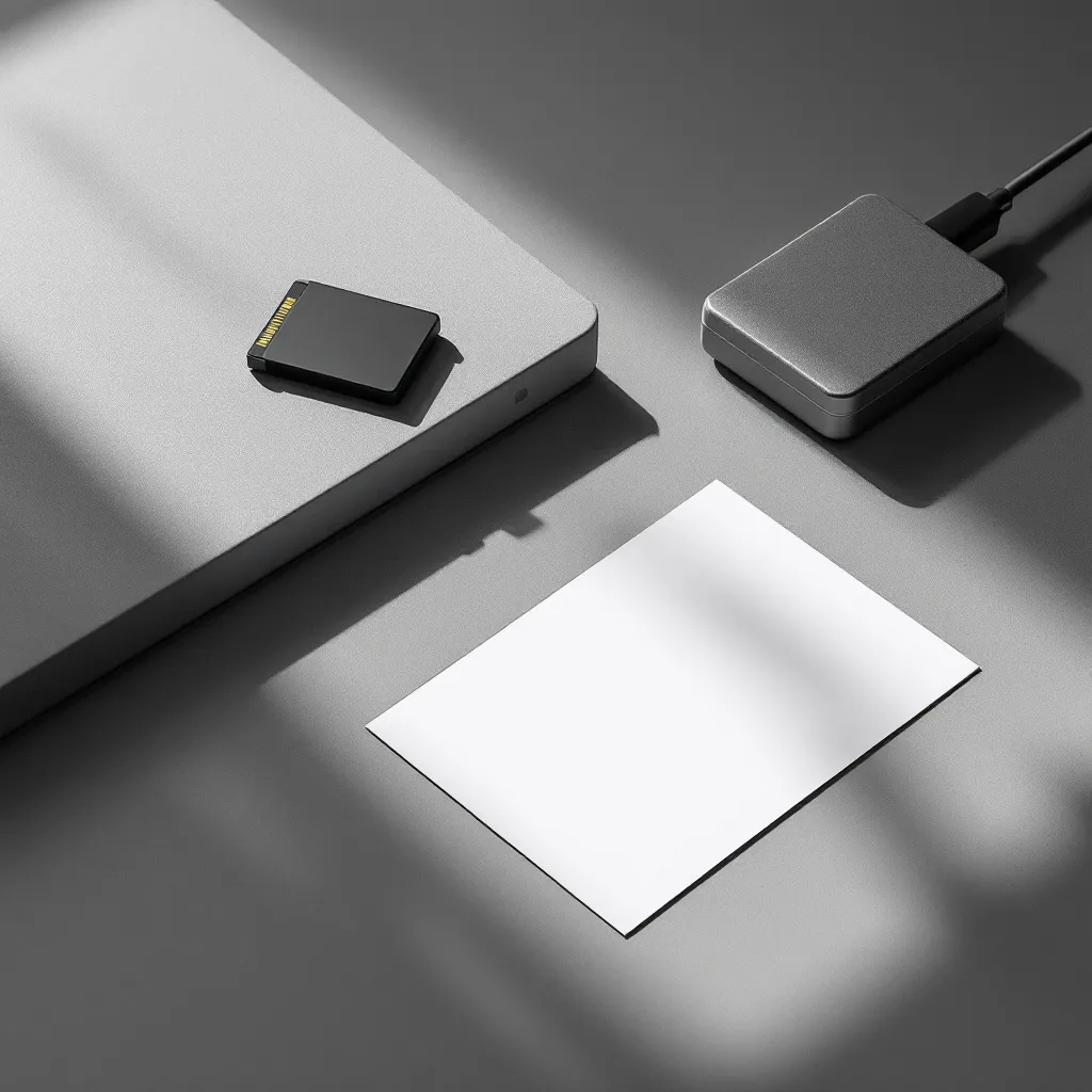 Memory card, sealed external drive, and blank photo sleeve on a gray surface, representing archived image review.