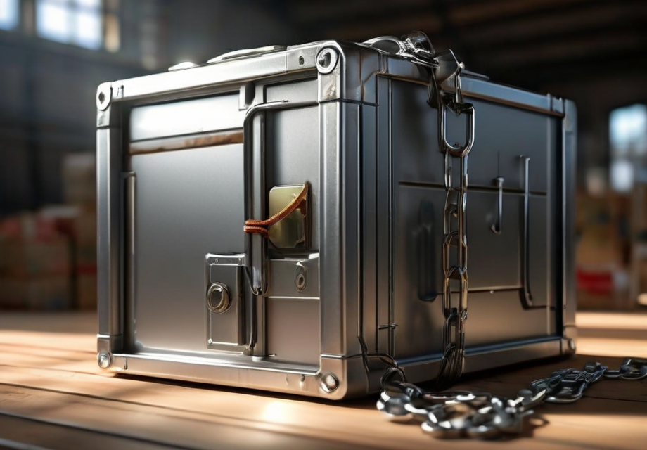 Metal chain links around a sealed storage case with small block-shaped file location markers on a brushed metal surface in...