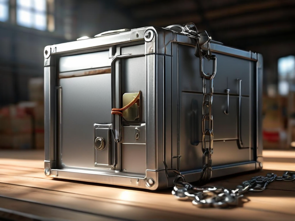 Metal chain links around a sealed storage case with small block-shaped file location markers on a brushed metal surface in...