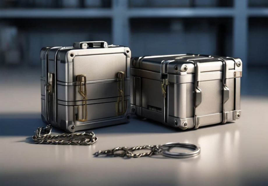 Storage case and chain with file location blocks on brushed metal.