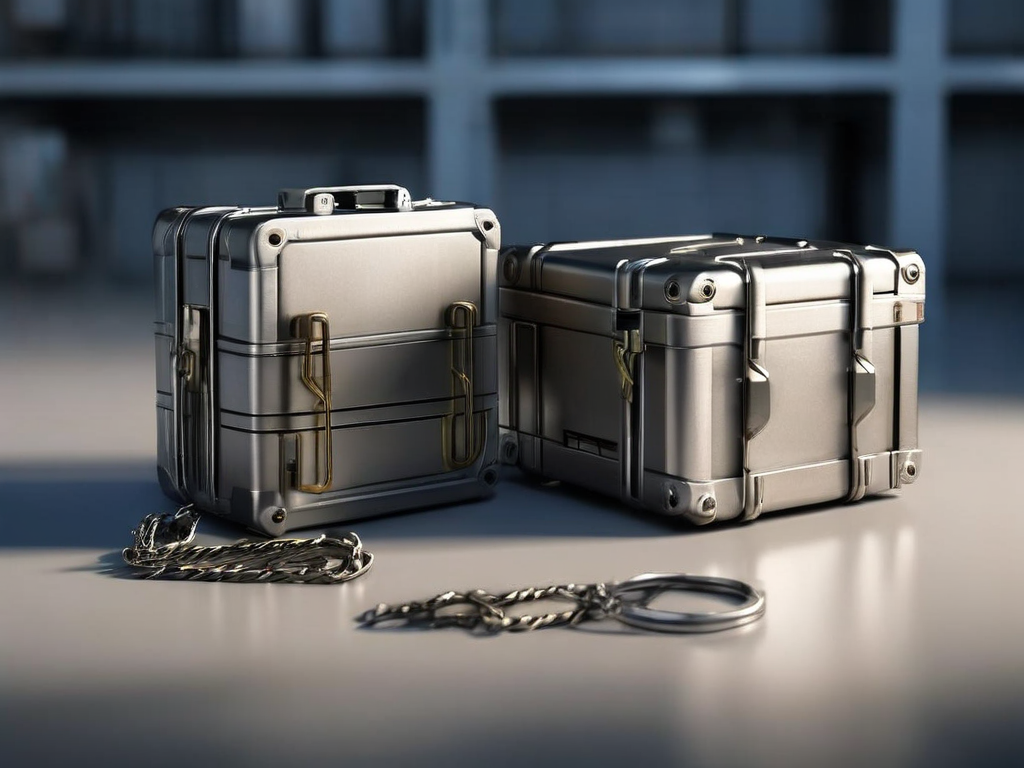 Storage case and chain with file location blocks on brushed metal.