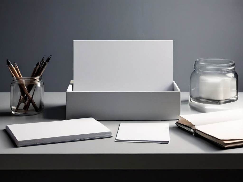 Stacked blank white divider cards in a staggered archive tray on a gray studio surface, soft side light casting clean shadows.