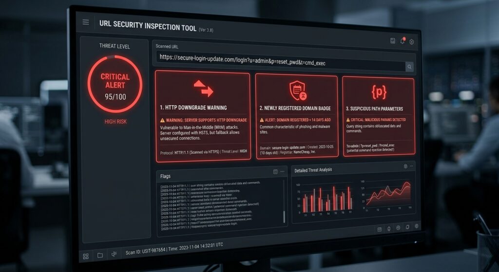 Red flag warning indicators displayed during a redirect URL security inspection.